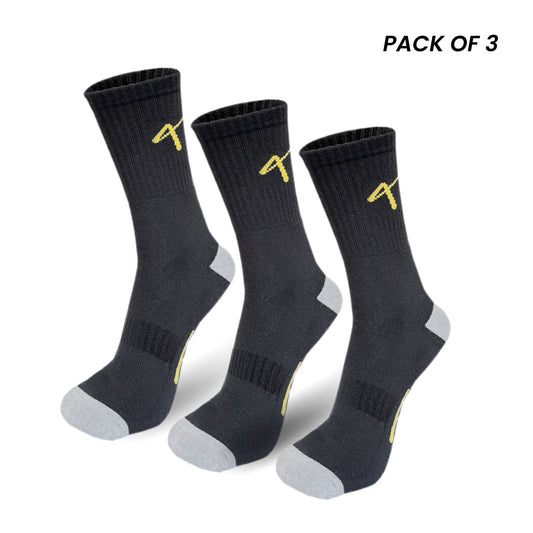 Pack of 3 black full view of the Triumphant sports Champion Series Performance Cricket Socks Crew Length Black Yellow